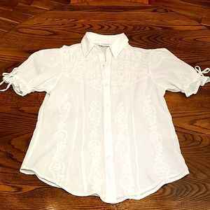 Sweet Cottage top White Cotton Hand Embroidered Boho Summer Blouse Puff Sleeves